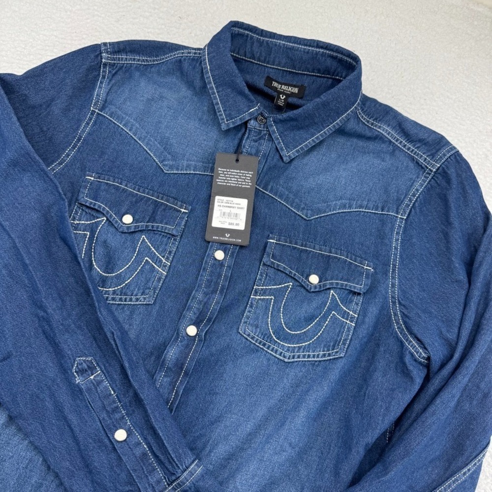 NWT True Religion Chambray Denim Pearl Snap Shirt Mens Large Blue Dark Wash